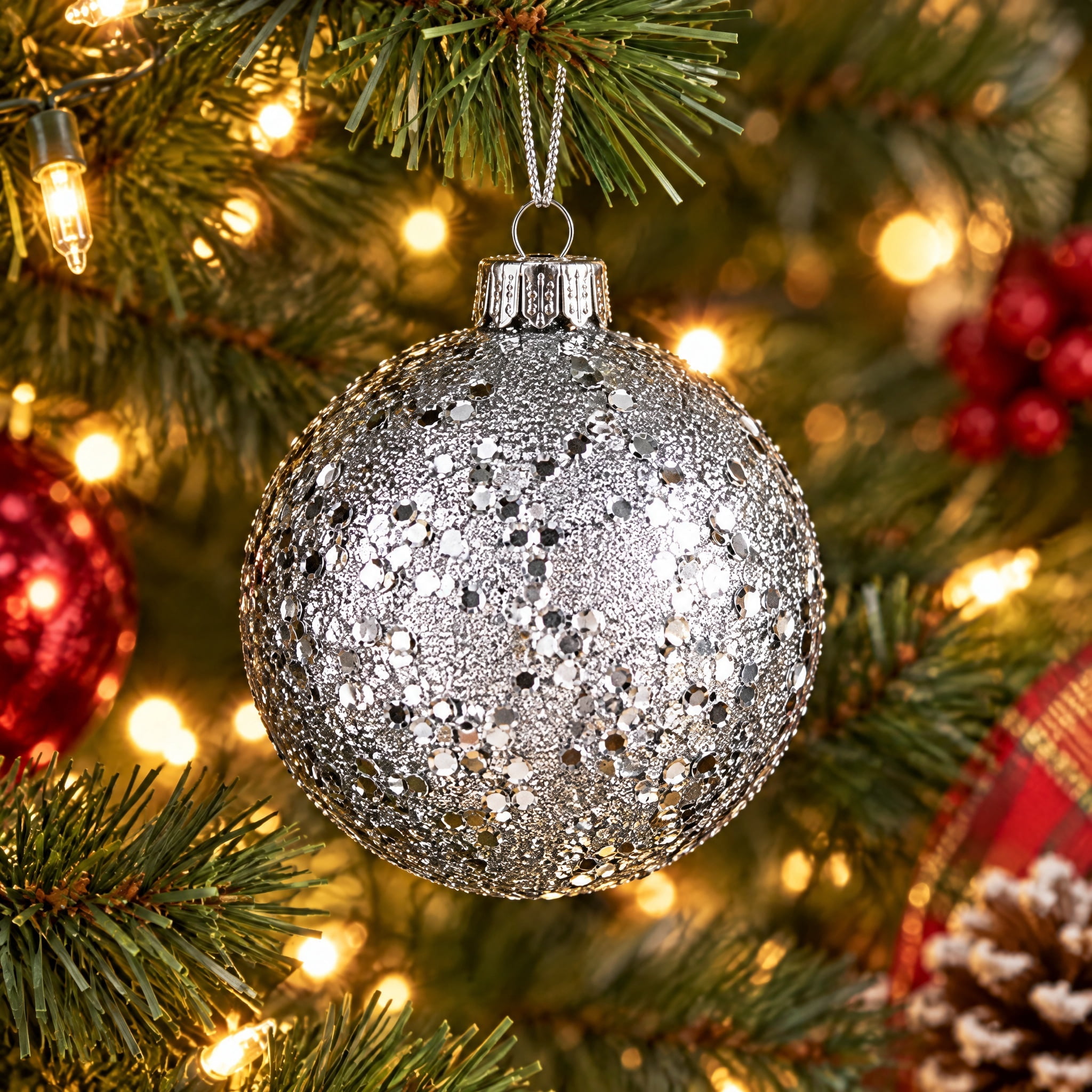 4-Count Silver Glitter Ball Shatterproof Christmas Ornaments, 6.5", by Holiday Time