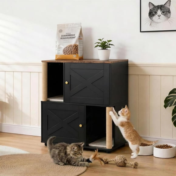 Mueble Doble para Caja de Arena para 2 Gatos – Gabinete de Madera Estilo Farmhouse Moderno, Poste para Marcas, Control de Olores, a Prueba de Perros, Tapetes para Arena, Baño Oculto, Mesa Auxiliar –