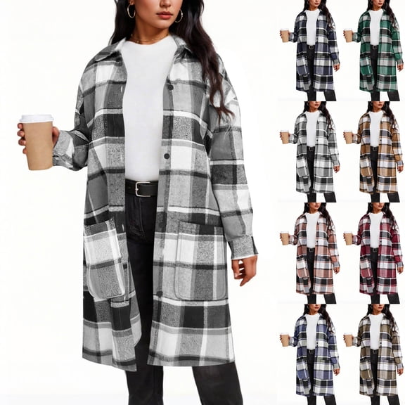 Coats for Women Spring Fall Classic Grid Coat Lapel Collar Open Front Belted Long Jacket