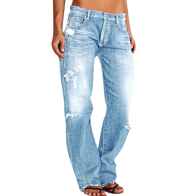 Jindong Jeans Droits pour Femmes Ourlet Déchiré Jeans Taille Basse pour Femmes
