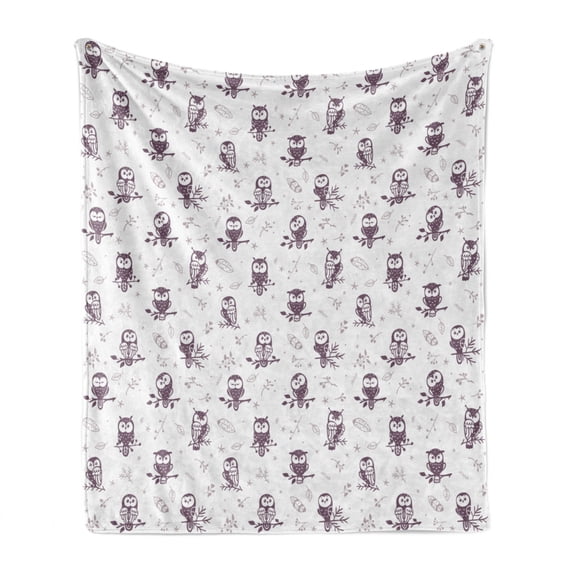 Owl Soft Flannel Fleece Throw Blanket, Cartoon Style Illustration of Birds on the Branches Mysterious Woods Print, Cozy Plush for Indoor and Outdoor Use, 50" x 70", Eggplant and White, by Ambesonne