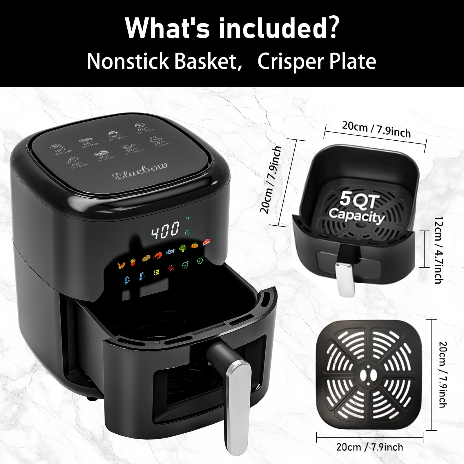 Vaparinckl 5QT Air Fryer, 8-in-1 Electric Hot Oven with Digital Touch Control, Visible Window, Nonstick & Dishwasher Safe Basket, Black