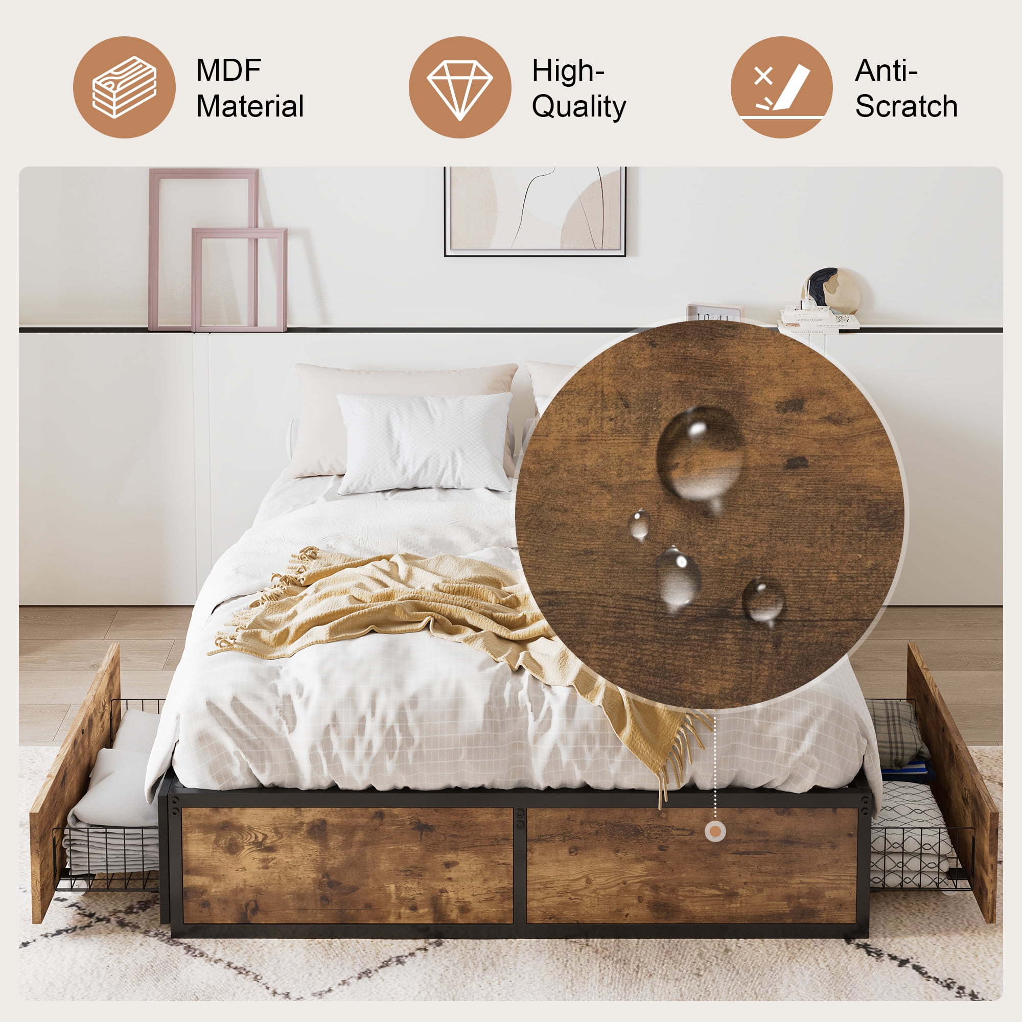 Amolife Queen Bed Frame, Metal Storage Platform Bed with 2 Ultra-Flexible Drawers & Easy Assembly, Brown