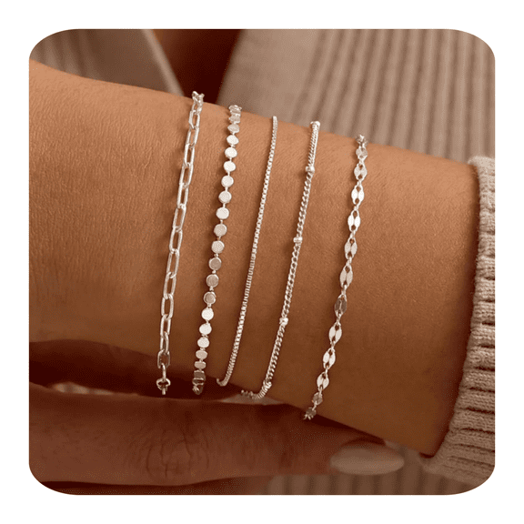 ELESMILO Sterling Silver Bracelets for Women Trendy, Minimalist Simple Dainty S925 Silver Plated Bracelets for Women Stack Waterproof Jewelry Small Thin Bracelet Set for Womens Teen Gift