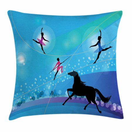 Trapeze Led (Circus Throw Pillow Cushion Cover, Graphic Silhouettes of Trapeze Artists or Ballerina on Tightrope and Horse Theme, Decorative Square Accent Pillow Case, 18 X 18 Inches, Multicolor, by)