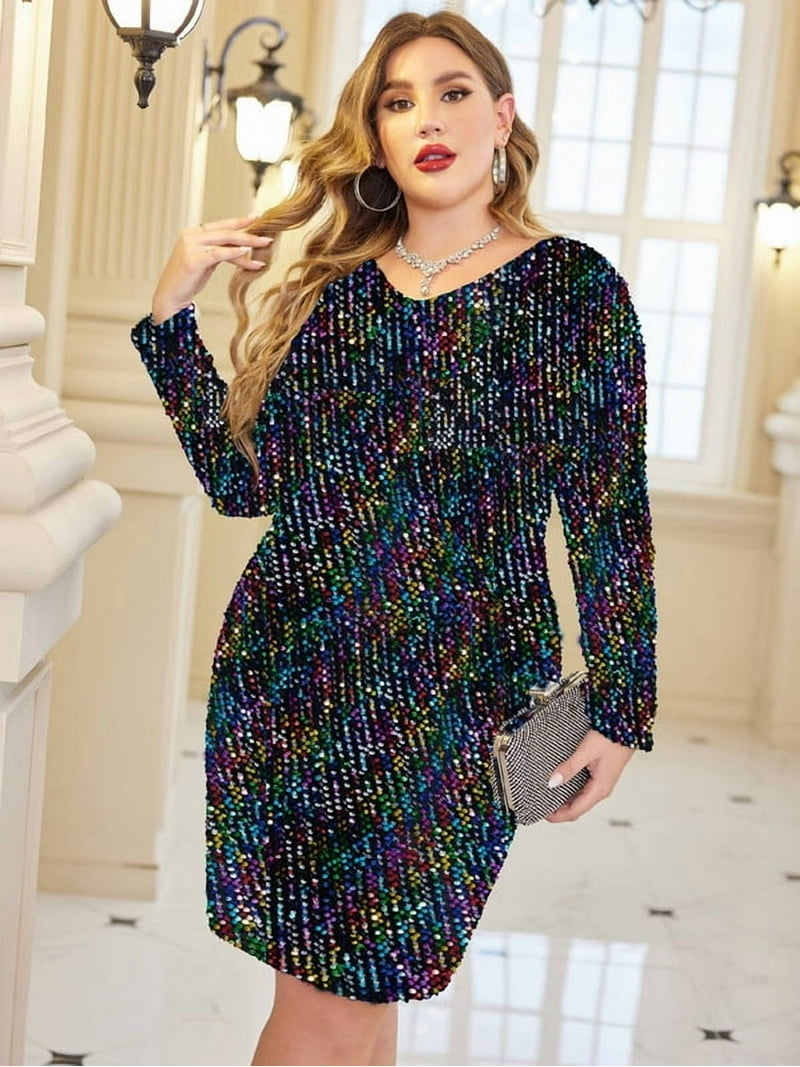 Weardear Women's Plus Size Sequin Dress New Year V Neck Long Sleeve Cocktail Party Dress, Size: 26W