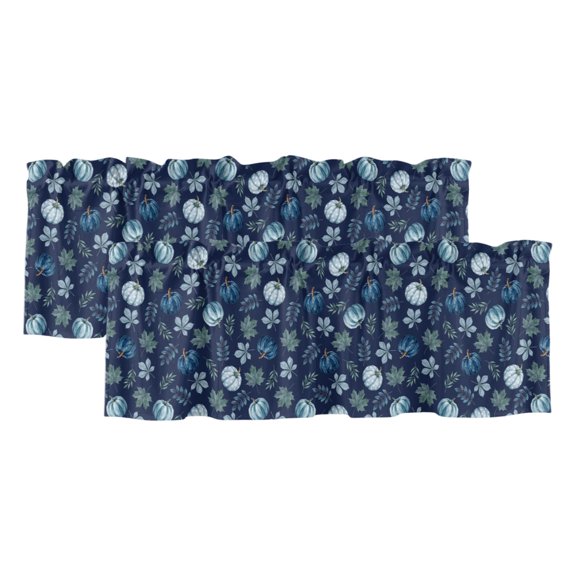 Navy Blue Pumpinks Valances for Windows 2 Pack, Fall Rustic Green Pumpink Maple Leaf Boho Window Valance Curtains for Kitchen, Rod Pocket Short Curtains for Bathroom Bedroom Decor, 54" x 18"