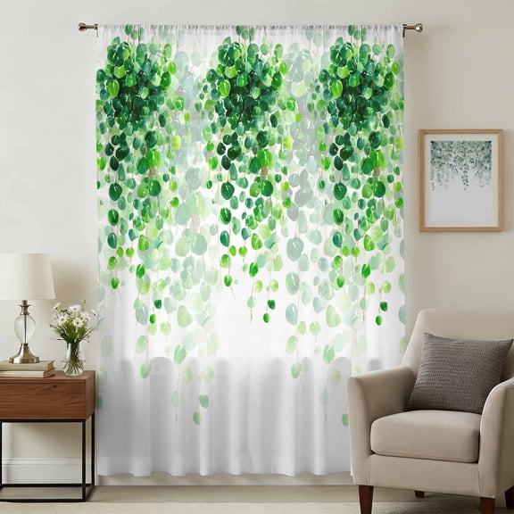 Spring Green Leaves Sheer Curtains 45 Inches Long, Watercolor Country Vines Botanical Light Filering Curtains, Breathable Simi Curtain Privacy Drapes for Kitchen Bathroom Small Window Treatment