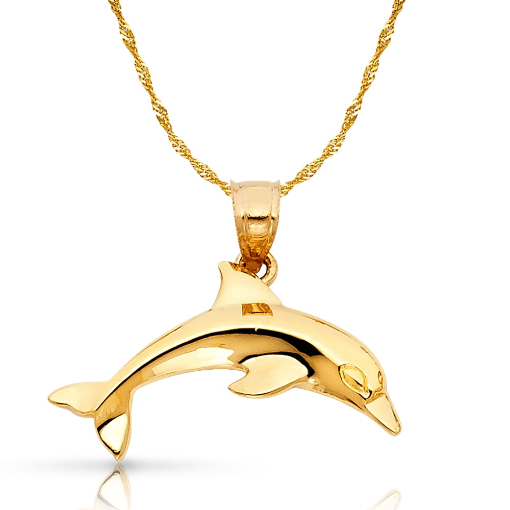 Details about   14K Yellow Gold Dolphin Charm Pendant with 1.8mm Singapore Chain Necklace
