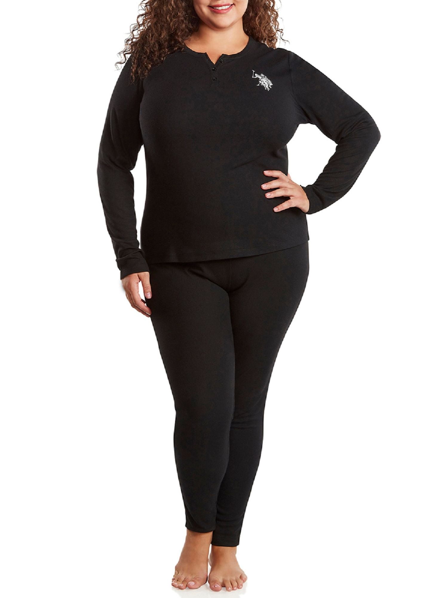 U.S. Polo Assn. Women's Ribbed Henley Long Underwear Thermal Set, 2-Piece Set, Sizes S-3X
