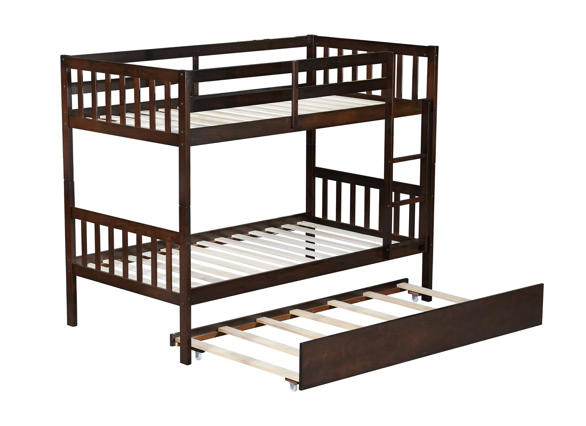 MAYEERTY Twin over Twin Wood Bunk Bed with Trundle, Bed Frame with Ladder and Guardrails, Espresso
