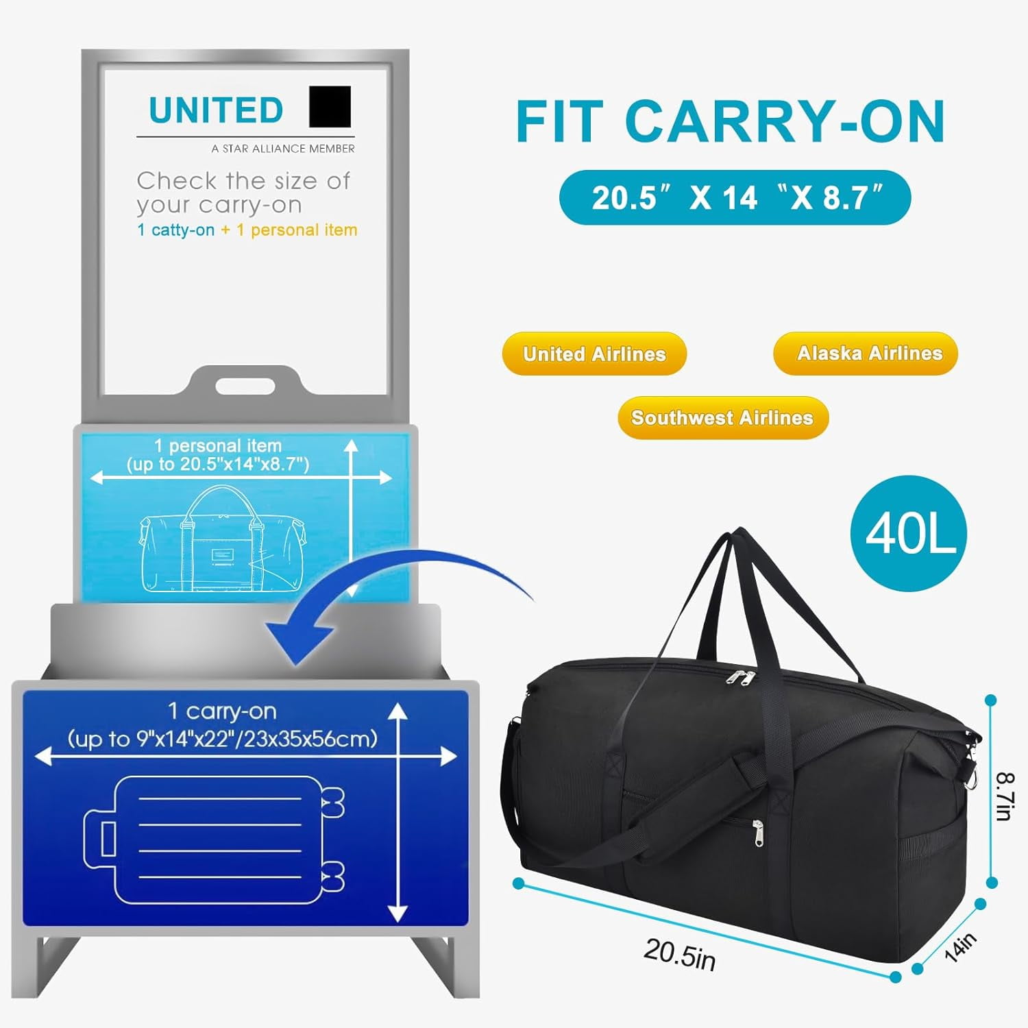 Carry  luaggage 22x14x9 Airlines Approved, Foldable Travel Duffel Bags Weekender Overnight Carry  Duffel Luggage Gym Duffle Bag with Wet Pocket & Shoe Compartment for Women Men(Black, 40L)