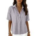 thumbnail image 3 of Cotton Linen Tops for Women Short Sleeve Collared Blouses Shirt Loose Fit 1/2 Button Summer Vacation Travel Daily Wear, M, 3 of 7