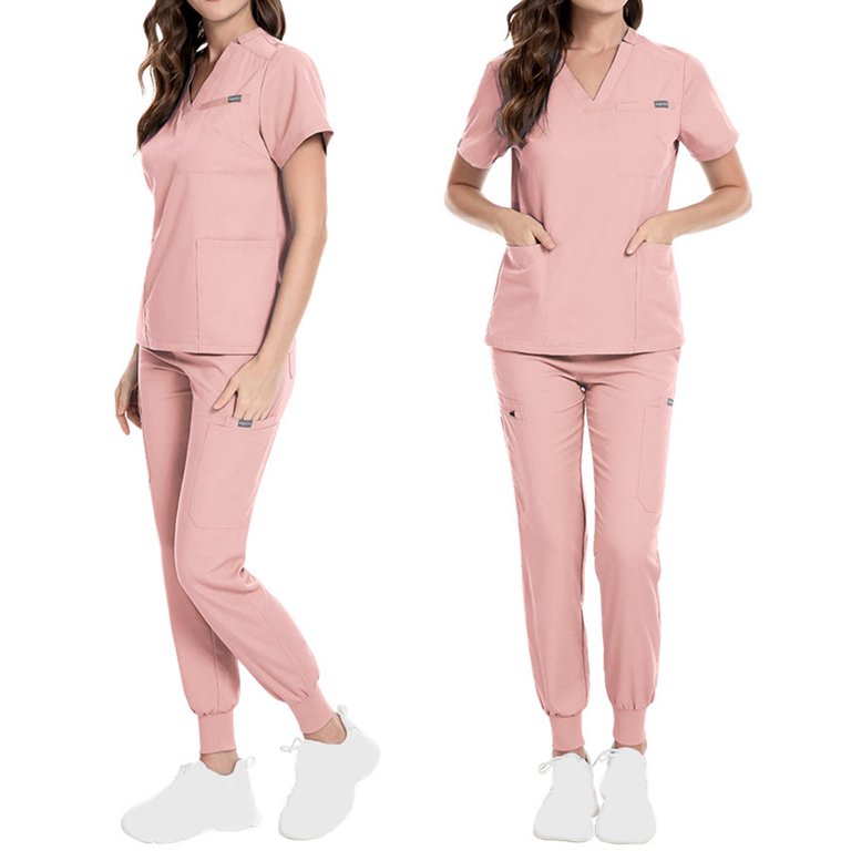 Uniforms Scrub Set with Pockets Nurse Top and Pants Men Women Clothes  Comfortable Nursing Work suits for Cosmetology Healthcare Pet Grooming Pink  M