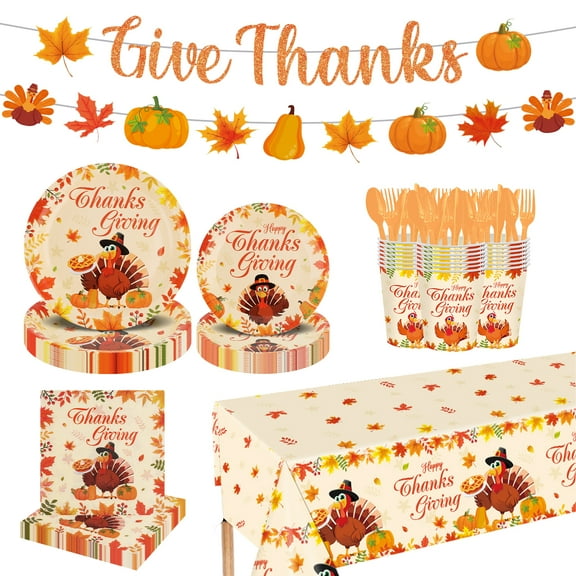 YIBAGA Thanksgiving Party Supplies Serve 24, Fall Harvest Turkey Party Decor, Disposable Dinnerware: Paper Dinner Dessert Plates Napkins Cups Tablecloth Banner