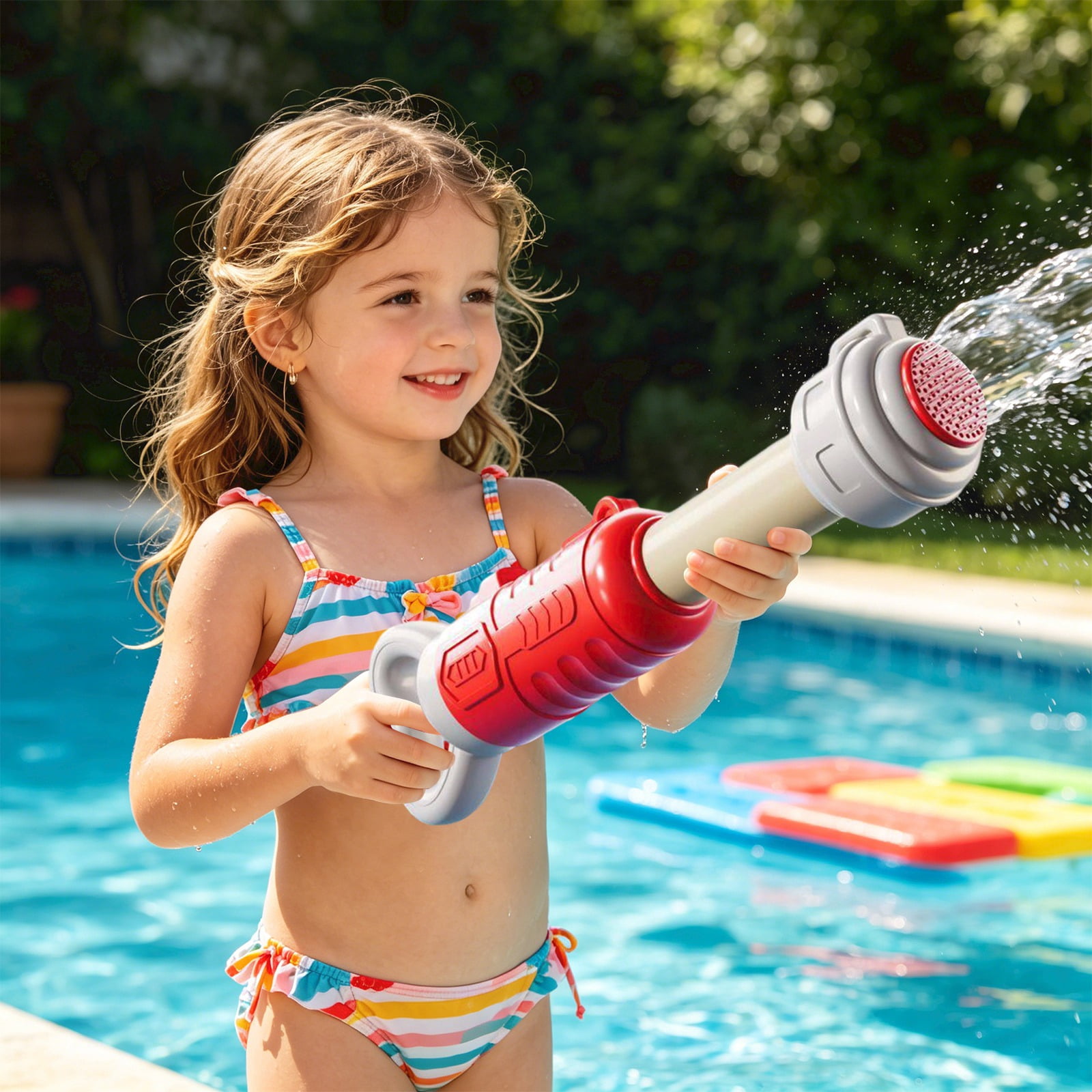 14.2in High Capacity Pull-Type Water Shooter, Multi-Hole Blaster Cannon for Summer Beach Fun, Outdoor Swimming Pool Game Toy, Red