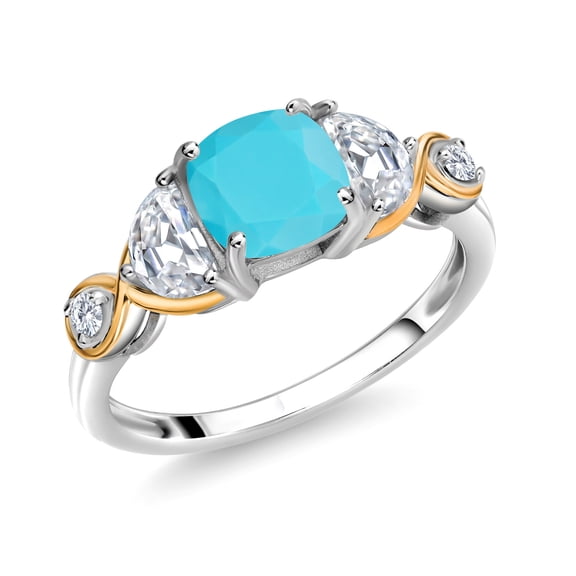 Gem Stone King 925 Silver and 10K Yellow Gold 3-Stone Ring Cushion Turquoise Half Moon Moissanite and Lab Grown Diamond (1.56 Carat Cttw, Size 5)