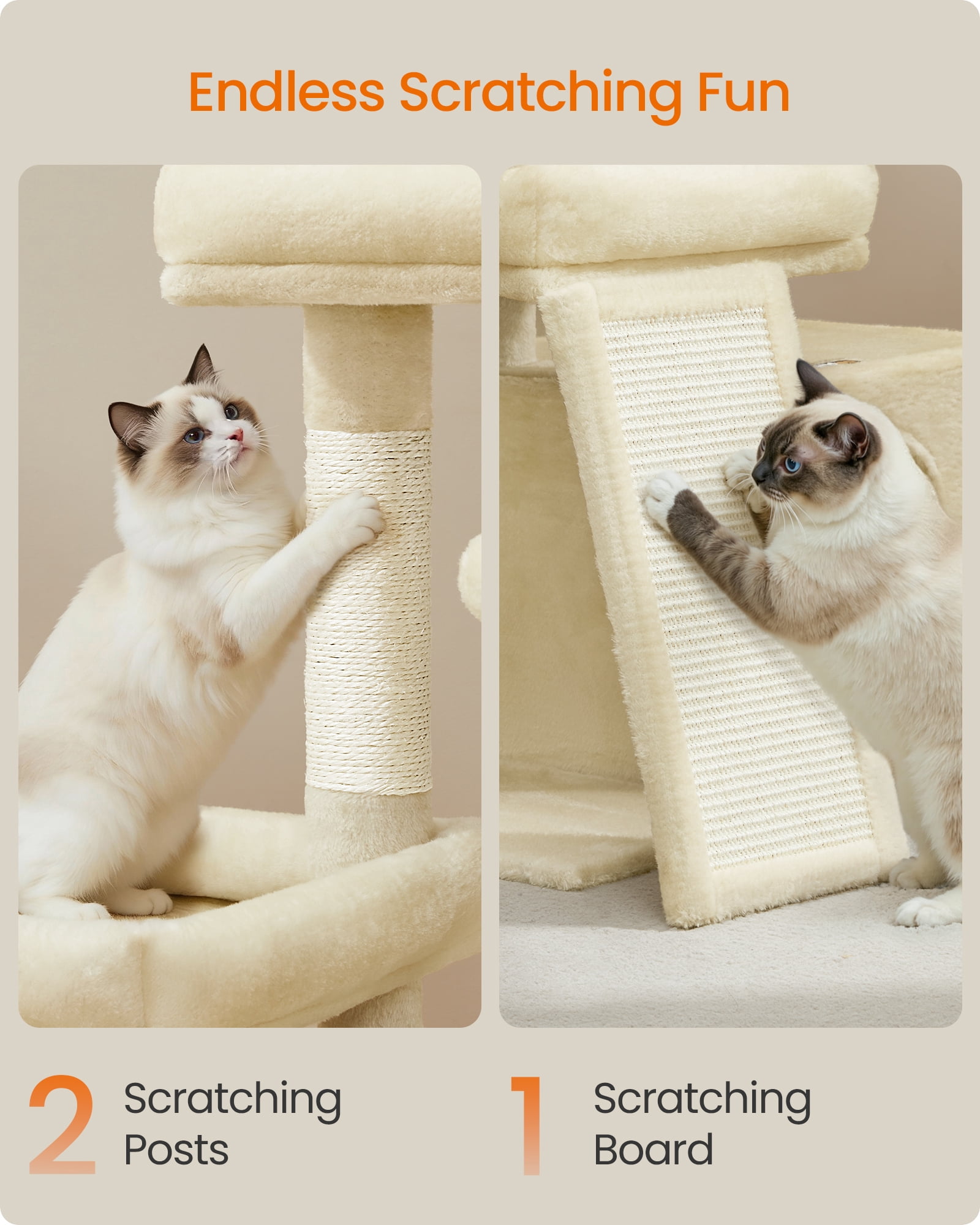 Feandrea Cat Tree, Cat Tower Condo with Scratching Posts and Ramp, 2 Large Perches, Cave, Basket, 33.8 Inches Tall, Summer Sand