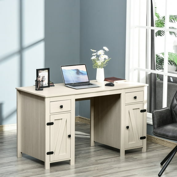 HomCom Farm Style Home Office Computer Desk with 2 Drawers, 2 Cabinets with Metal Accent Hardware, White