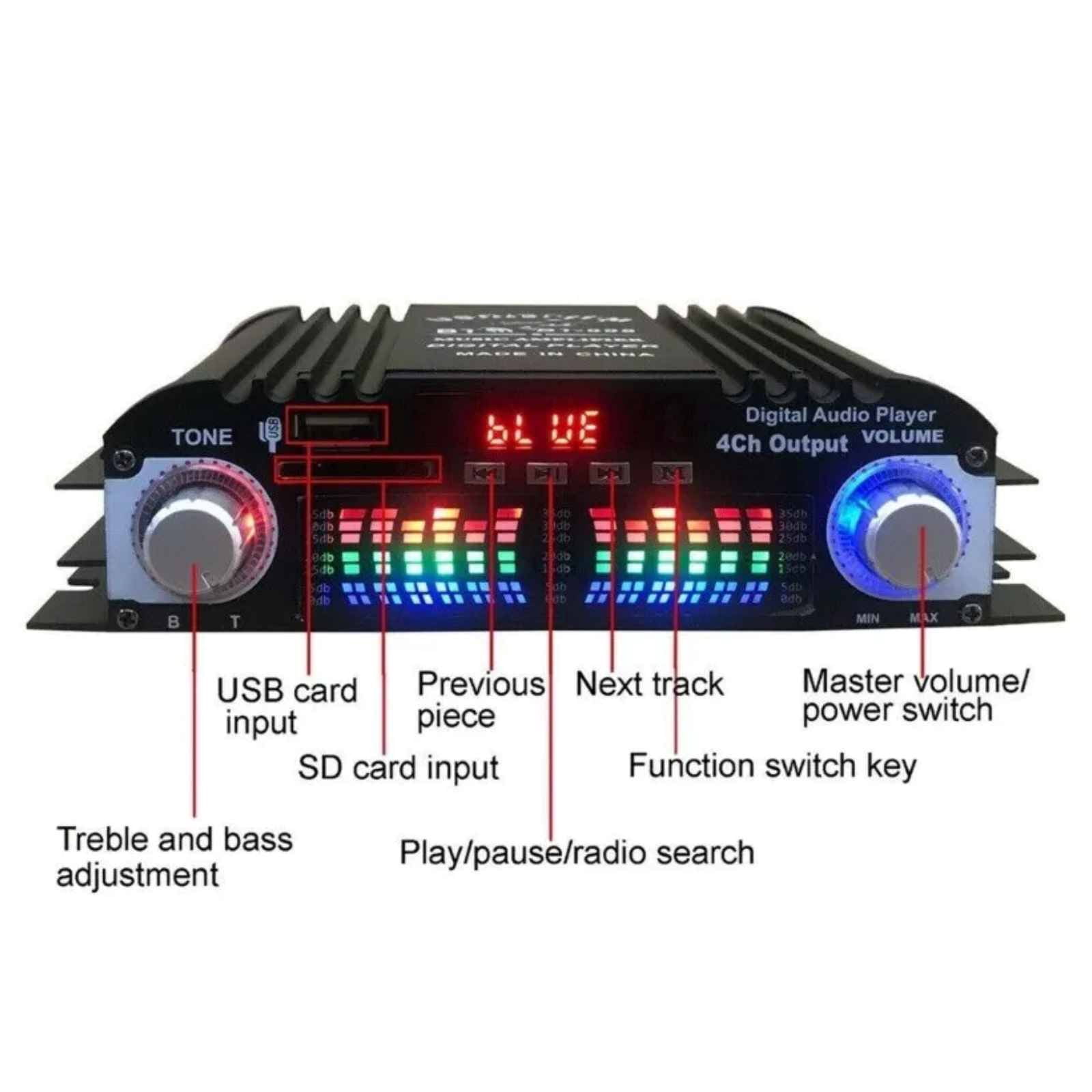 High-Def Sound Amplifier BT-998 for Home Theater & Outdoor Parties 4-Channel, Low Distortion Design