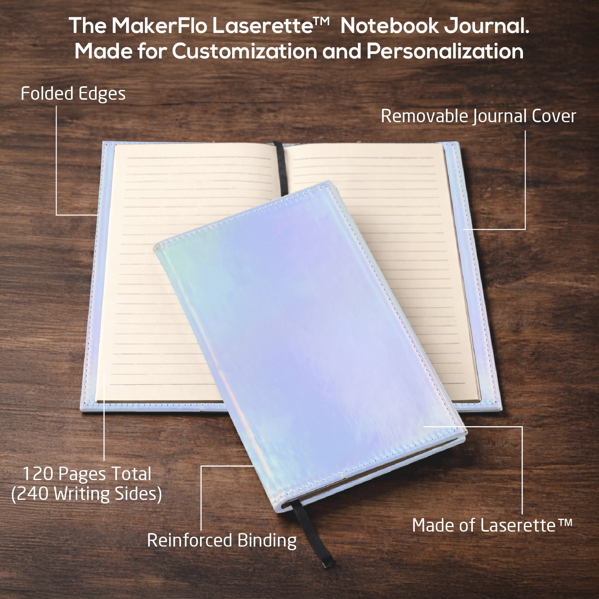 MakerFlo Laserette Refillable Journal for Adults, 8.75" x 5.5", Vegan Leather Cover with Lined Pages, pack of 12, Holographic