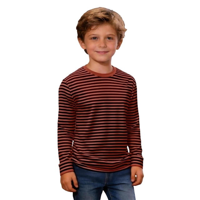 PMVFHDE T-Shirt Classique à Rayures à Manches Longues à Col Rond pour Garçons et Filles Haut Doux et Décontracté pour Enfants Confortable pour Tous les Jours Café, 7-8 Ans