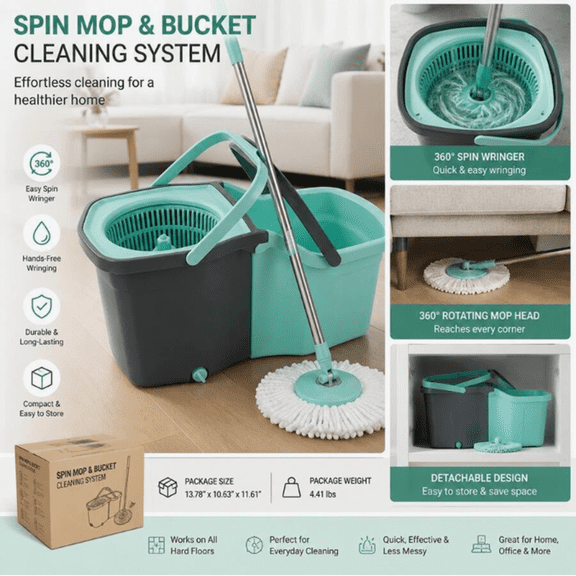 Spin Mop and Bucket Set with 360° Wringer, Turquoise Gray