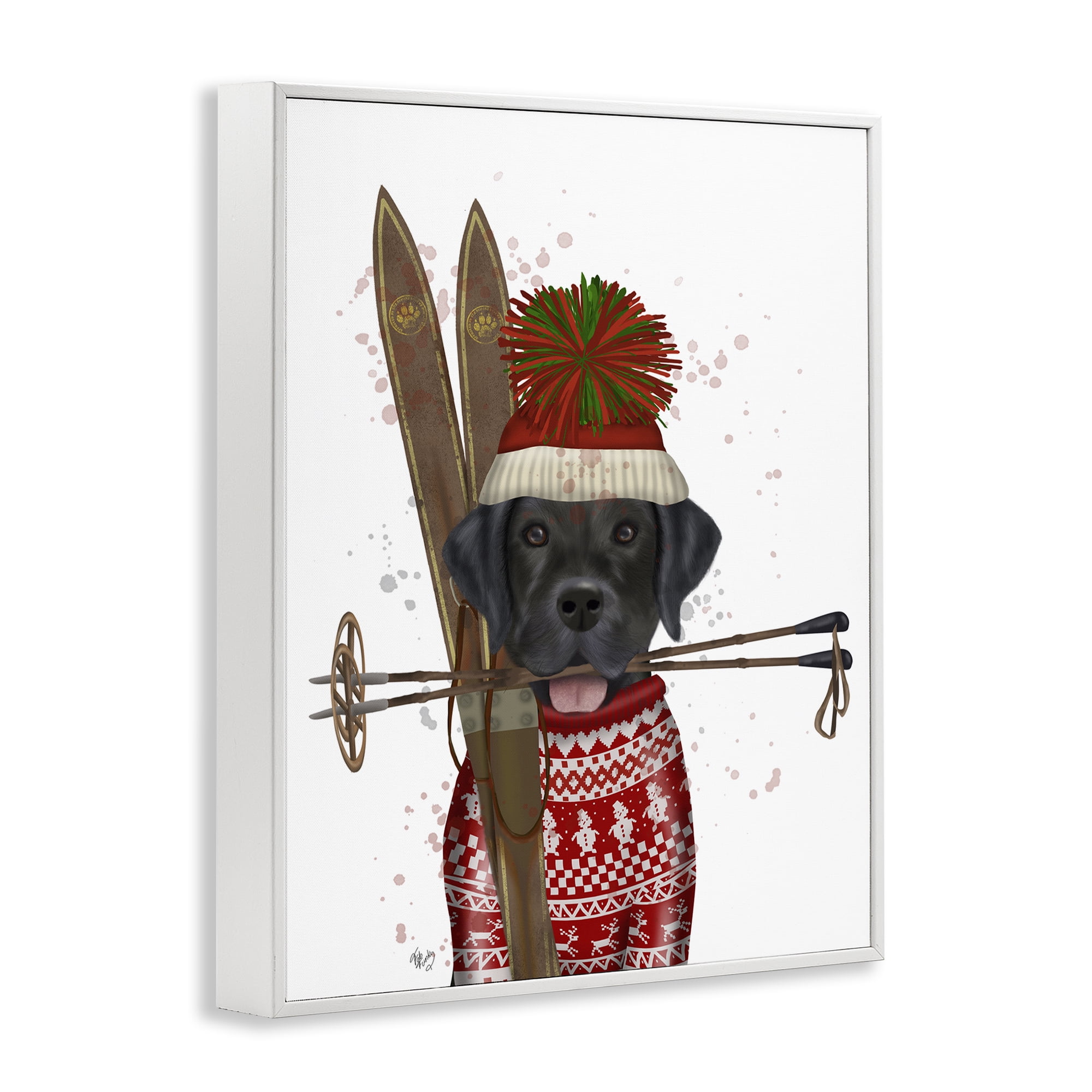 Stupell Industries Black Labrador Skiing Animals & Insects Painting White Framed Art Prints Wall Art, 16 x 20