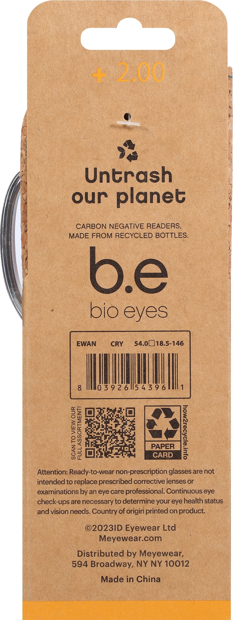 B.E Bio Eyes Mens Rectangular Reading Glasses Made from Recycled Plastic Ewan +2.00 in Crystal