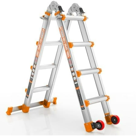Telescoping A-Frame Ladder- 14FT Folding Extension Ladder with Wheels & Stabilizer Bar, 330lb Security Load Multi Position Ladders for Stairs Home Indoor Outdoor Roof$$Tools