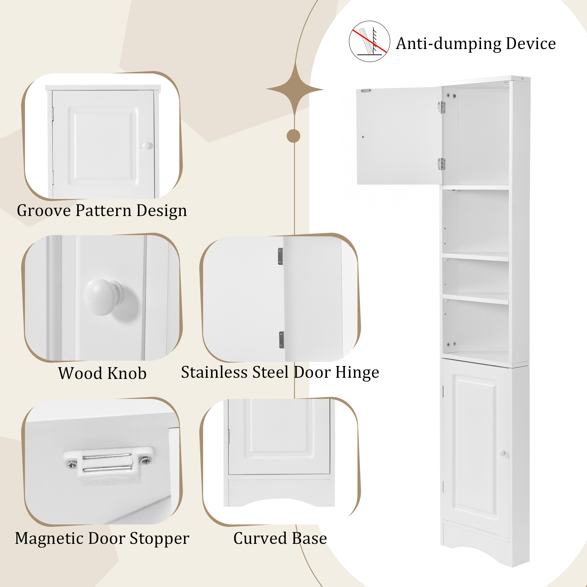 EUROCO 66.9" H Tall Corner Cabinet,Multi-Functional Corner Cabinet Tall Bathroom Storage Cabinet with Two Doors and Adjustable Shelves,Open Shelf,Space-Saving Design,White