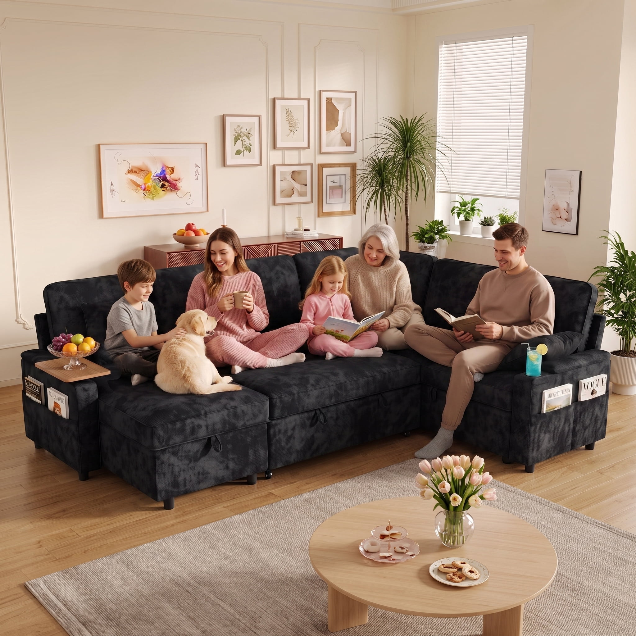 Xiweot 108" Modular Sectional Sleeper Sofa with Pull Out Couch, L Shaped Sofa Bed with Storage Chaise, Adjustable Backrest, USB Ports & Small Table, 7 Seaters Chenille Sofa for Living Room (Black)