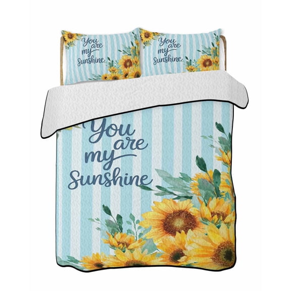 Twin Quilt Bedding Set, Sunflower Reversible Summer Quilt 3 Pieces, Summer Botanical Yellow Floral Blue Striped Lightweight Bedspreads Coverlets with 2 Pillow Shams for All Seasons