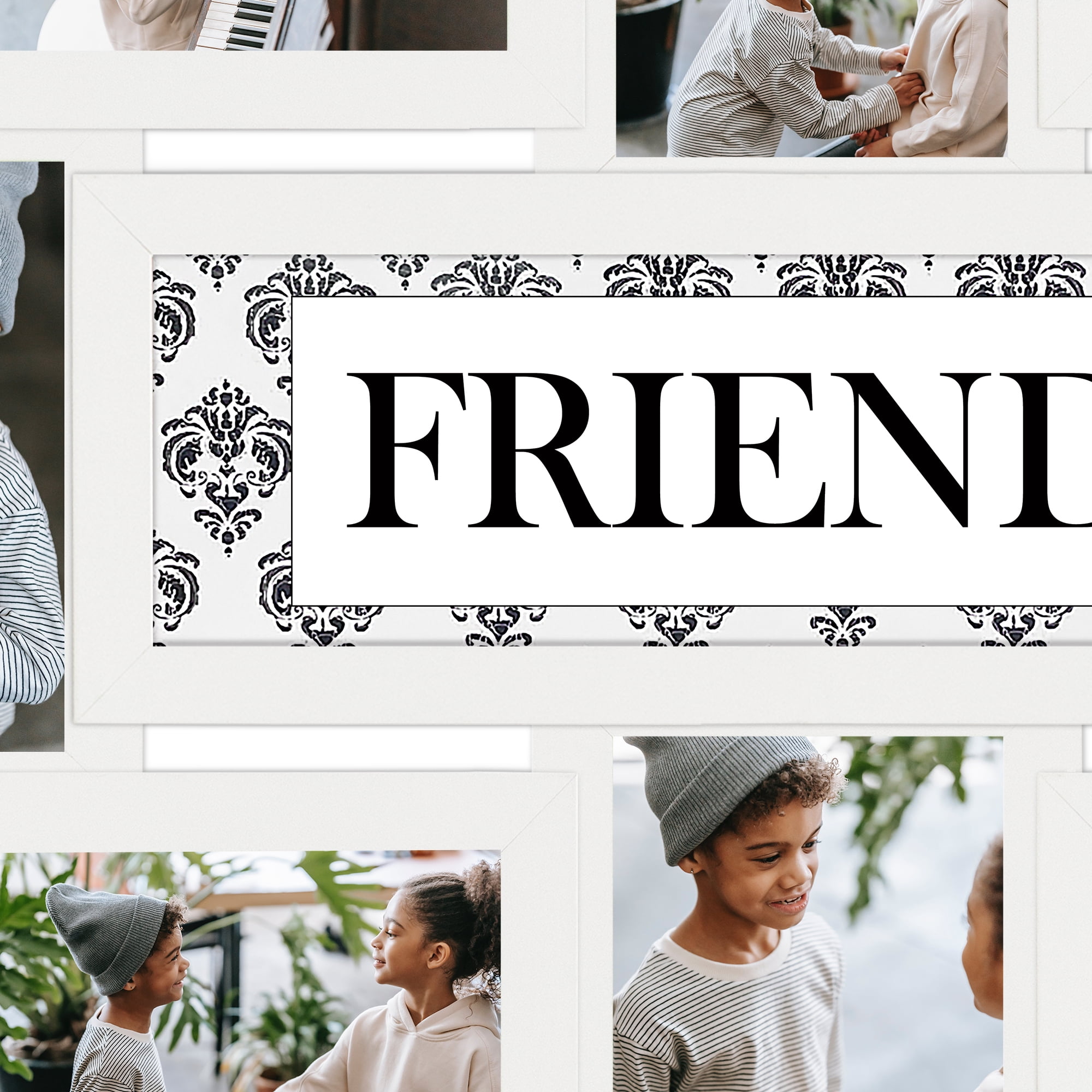 Classic Reunion 8-Opening 17" x 22" Wall Hanging Photo Frame Friends Theme 6" x 4" White Edge