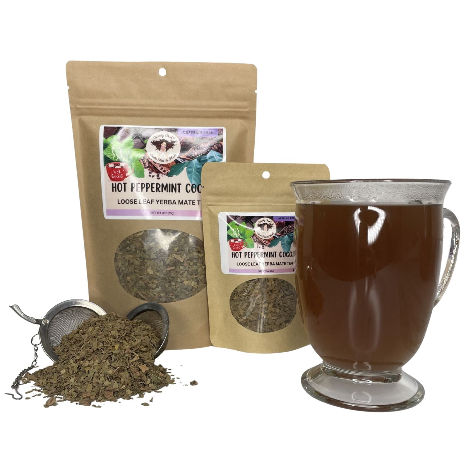Witchy Pooh's Hot Peppermint Cocoa Tea - Loose Leaf Yerba Mate Herbal Dessert Tea, Caffeine Free, 1oz