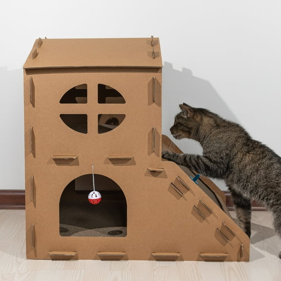 PETMAKER Cardboard Cat House with Scratching Pads, Toys, and Catnip