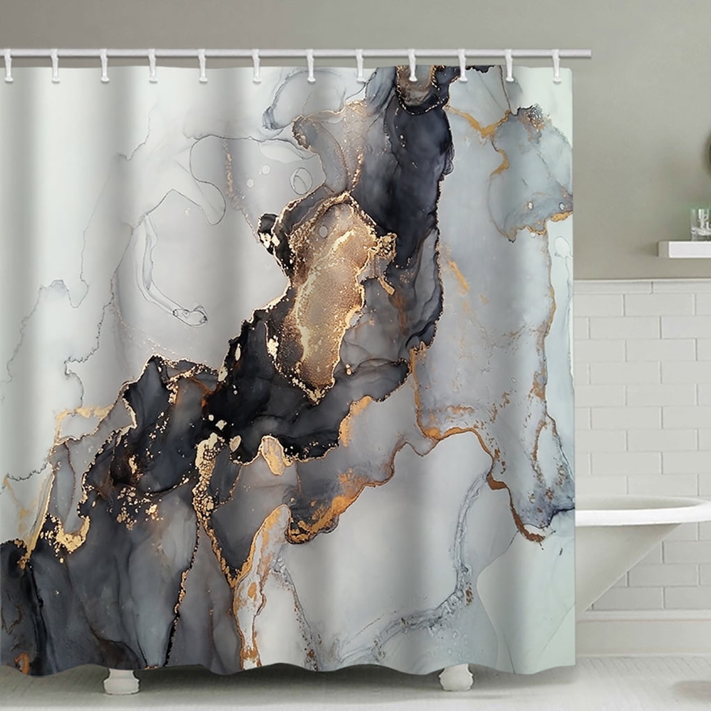 Black Gold Tropical Leaves Bathroom Waterproof Mildew Shower Curtain & 12 Hooks 
