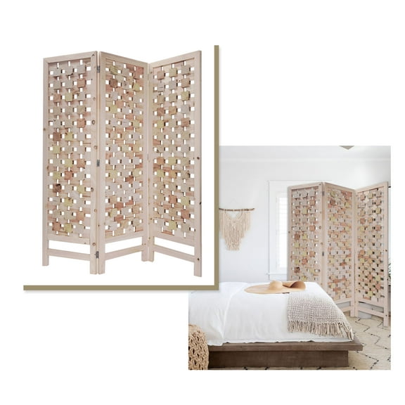 3 Panel Pink Room Divider with Cut Square Wood Design