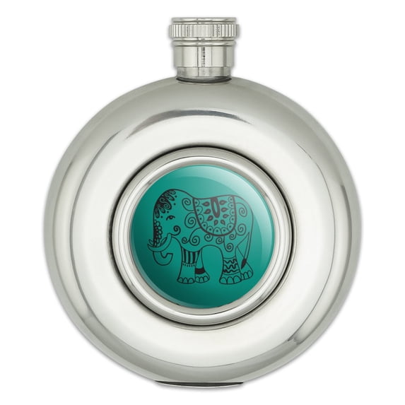 Painted Elephant Ornate India Teal Round Stainless Steel 5oz Hip Flask