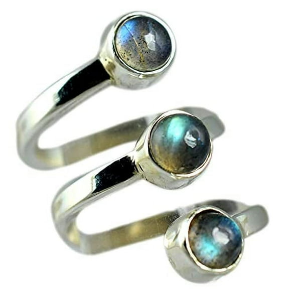 Navya Craft Labradorite Triple Round 925 Sterling Silver Handmade Women Statement Ring Size 6.0