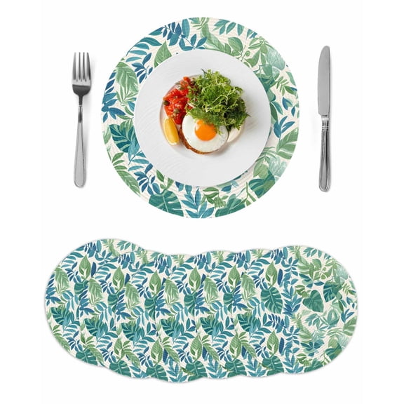 Palm Leaves Round 13 Inch Placemats Set of 6, Green Blue Tropical Plants Summer Country HeatResistant Non Slip Place Mats for Dining Table, Wipeable Braided Kitchen Table Mats for Housewarming