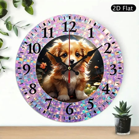 Cute Puppy Wall Clock, Whimsical Golden Brown Fluffy Dog Digital Illustration with Iridescent Mosaic Border, Round 10x10 Inch Decorative Timepiece, 1pc, Battery Not Included