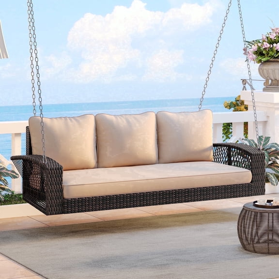 Vanress 3-Person Wicker Porch Swing, 69 Inch Patio Hanging Swing Bench Chair with Cushions, Outdoor Swing 800lbs Capacity Chains for Deck Garden Backyard (Brown)