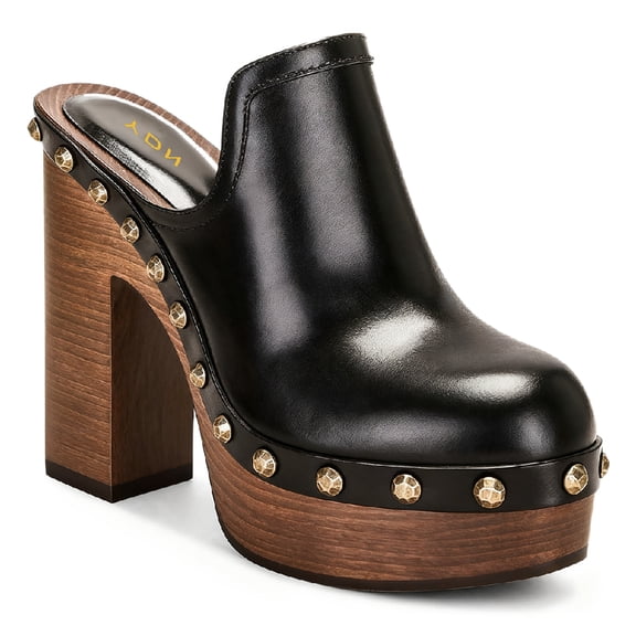 YDN Women's Wooden Platform Heeled Mules Closed Round Toe High Block Heel Slip On Clogs Shoes with Studs Evening Party Daily Outfit Footwear Size 7 Black