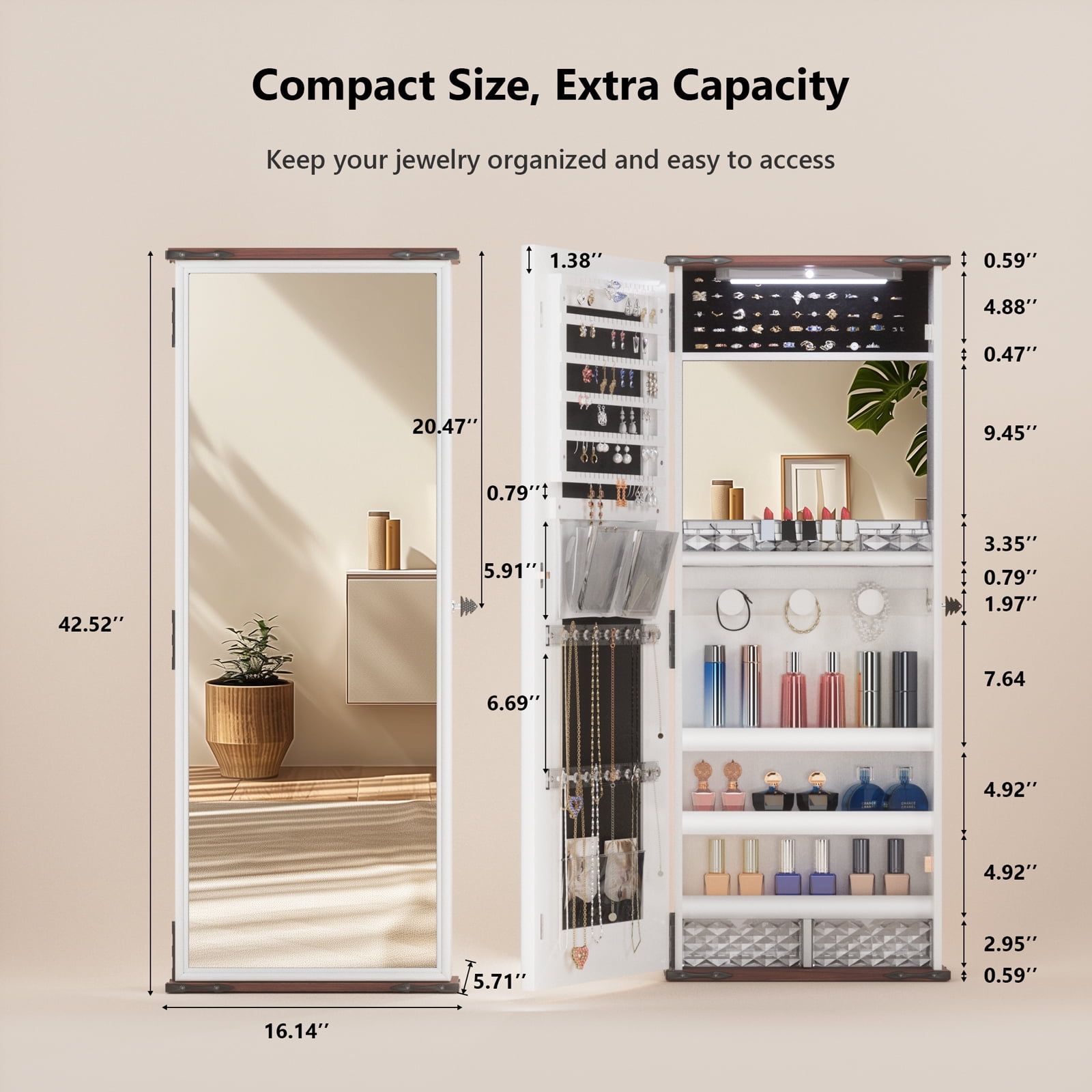 MAYEERTY 42.52"x16.14" 2-in-1 Jewelry Cabinet with Full-Length Mirror, Door-Hanging Makeup Organizer with Built-in Light for Bedroom