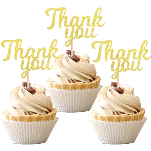 Thank You Cupcake Toppers, Gold Glitter, Wedding, Bridal Shower, Birthday Party Cake Decorations, 10 PCS
