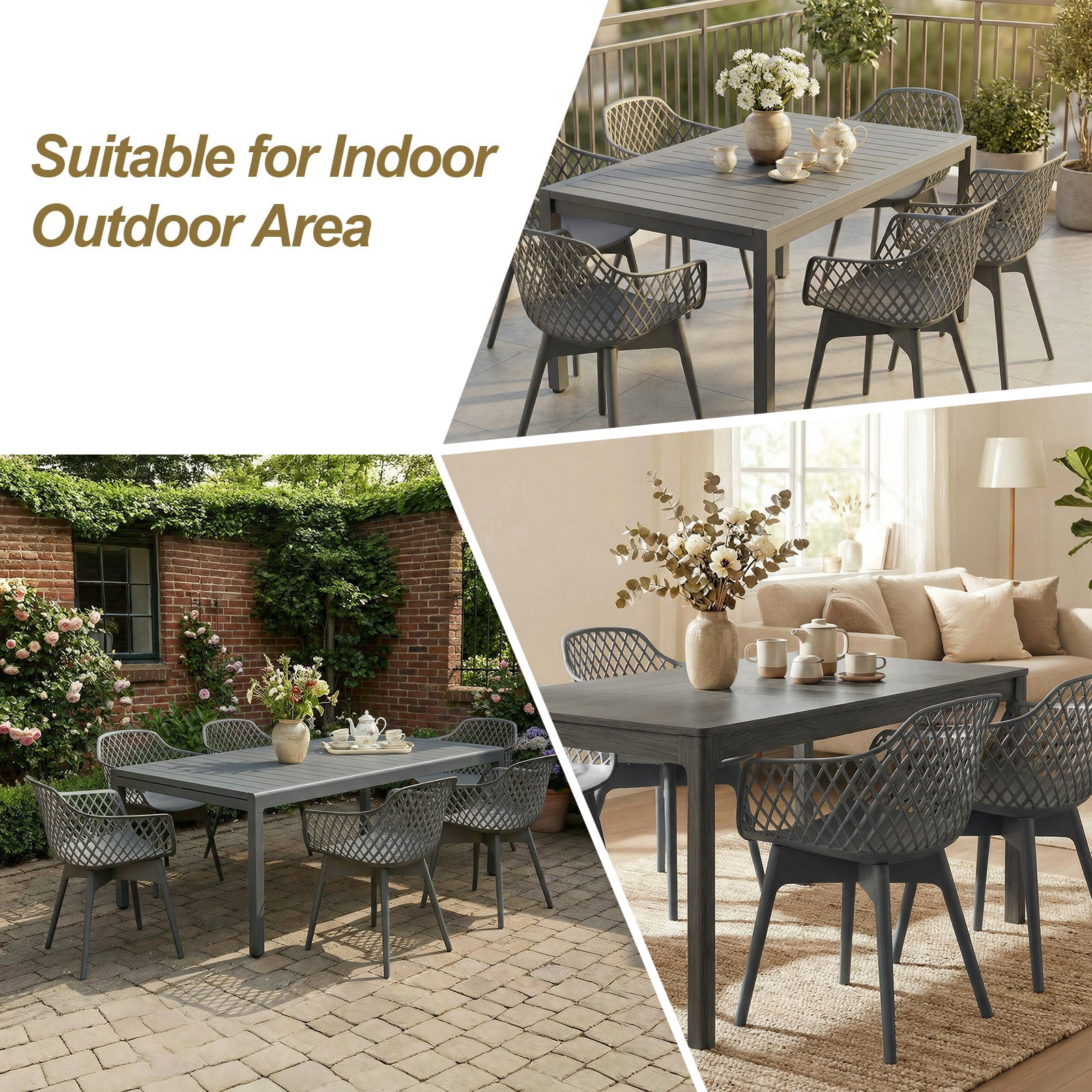 Aoodor Modern Dining Chairs Set of 2, Weather-Resistant Plastic Cafe Chairs with Ergonomic Back and Non-Slip Pad, Suitable for Patio, Restaurant, Yard, Porch, Balcony, Grey
