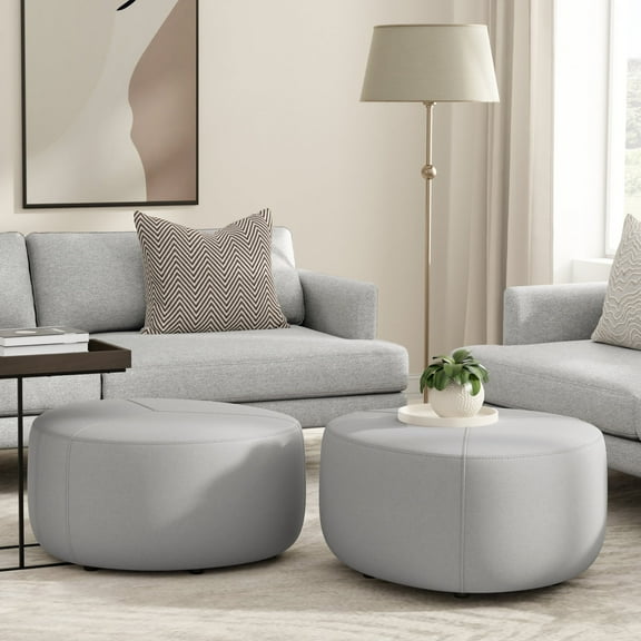 Simpli Home Moore 32 inch Wide Contemporary Irregular Large Ottoman in Light Grey Linen Look Fabric