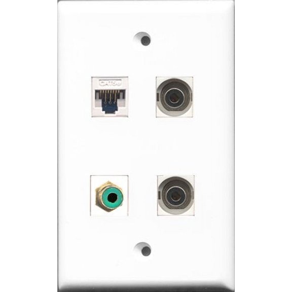 RiteAV - 1 Port RCA Green 2 Port 3.5mm and 1 Port Cat5e Ethernet White Wall Plate