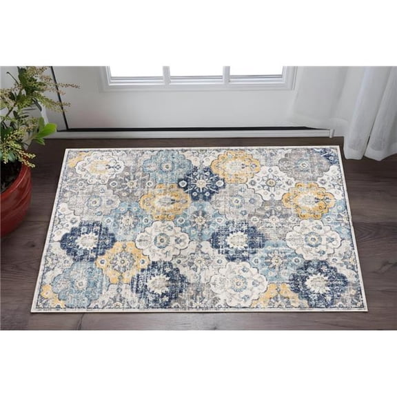HomeRoots 610330 2 x 3 ft. Blue Gray & Gold Floral Medallion Rectangle Area Rug